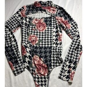 Bodysuit Mock Neck Long Sleeve Floral Geometric Keyhole Soft Snap Rose W